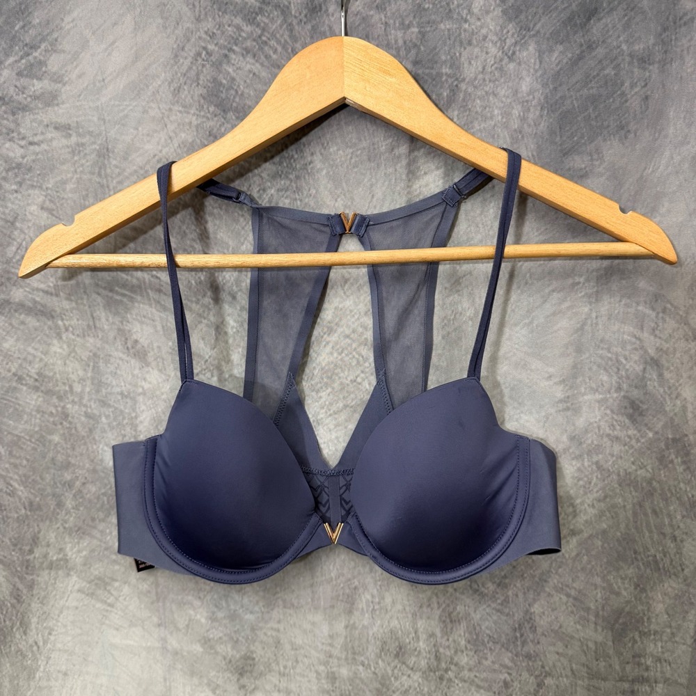 Victorias Secret Lined Demi Front Close Racerback Bra Mesh Blue 36B